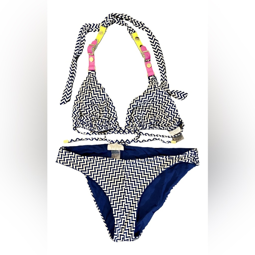 BEACH BUNNY BRONZE Navy & Hot Pink/Lime Neon Leather Strap Buckle Bikini